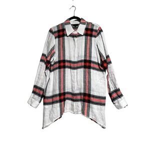 Worth New York Plaid Linen Asymmetrical Button Up Tunic Blouse Size Large